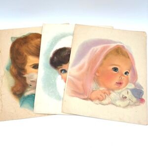 Vintage Big Eye Art Prints Mid Century Kitschy Nursery Decor Set of 3 Retro Kids